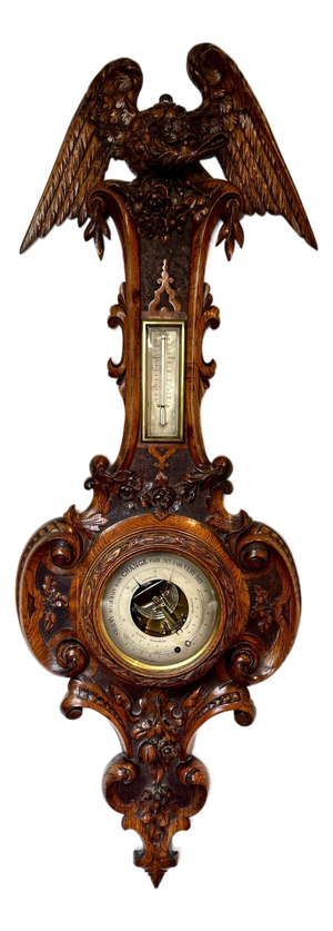 Antique Victorian Carved Oak Barometer, 1860s