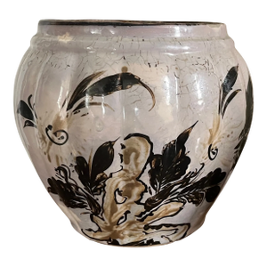 Antique 18th Century Chinese Pottery Melon Shape Vase or Censer Decorated With Rock Work and Brown Leaves