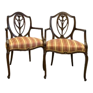Carved Mahogany Hepplewhite Shield Back Armchairs - A Pair