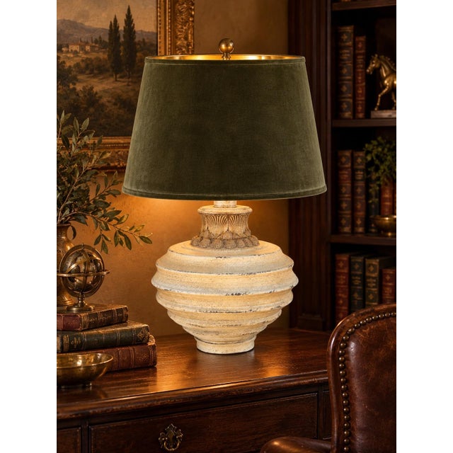 English Late 20th Century Sculptural Shell Urn Table Lamp With Moss Green Velvet and Gold-Lined Shade For Sale - Image 3 of 5