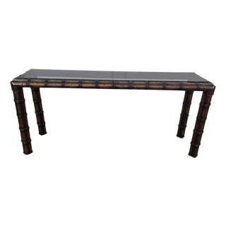 Vintage Faux Bamboo Campaign Console Sofa Table Hollywood Regency 1970s For Sale
