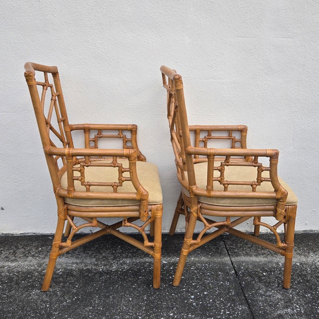 Chippendale Late 20th Century Lexington Chinese Chippendale Faux Bamboo Rattan Dining Arm Chairs, Set of 4 For Sale - Image 3 of 15