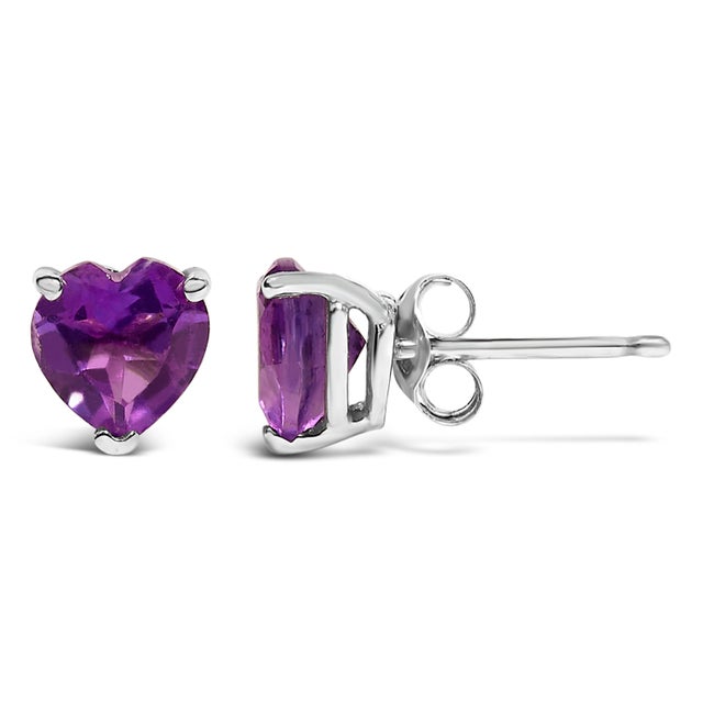 Contemporary 14K White Gold 5MM Heart Cut Purple Amethyst Solitaire Stud Earrings For Sale - Image 3 of 5