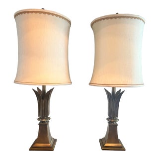 1970s Rembrandt Lamp Company Hollywood Regency Brass Palm Leaf Torchiere Table Lamps With Original Shades - a Pair For Sale