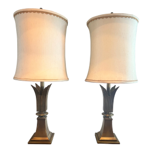 1970s Rembrandt Lamp Company Hollywood Regency Brass Palm Leaf Torchiere Table Lamps With Original Shades - a Pair