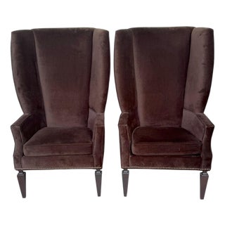 Pair Custom Mogul Los Angeles Espresso-Brown Velvet High-Back Wing Chairs For Sale