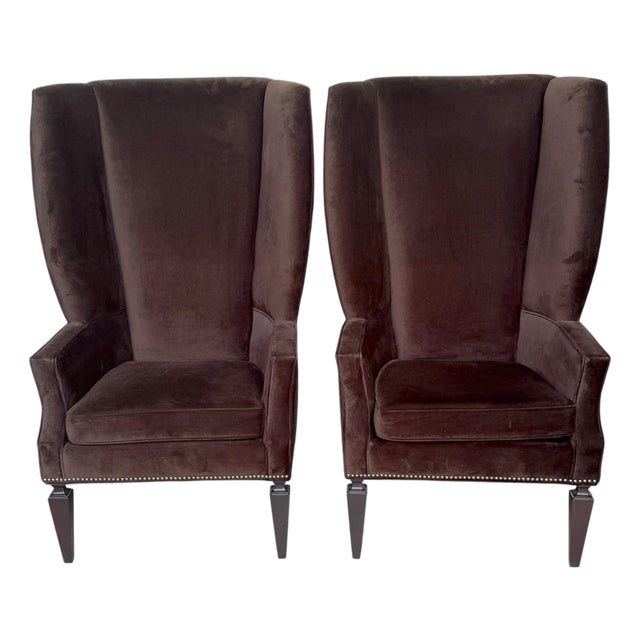 Pair Custom Mogul Los Angeles Espresso-Brown Velvet High-Back Wing Chairs For Sale