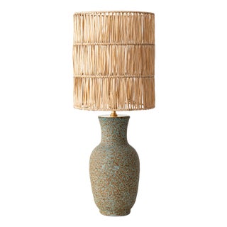 Mid-Century Modern French Pottery Table Lamp with Raffia Lampshade from Accolay Studio, 1950s For Sale
