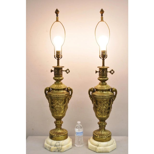 Stunning Antique French Empire Neoclassical Gilt Bronze Figural Urn Form Table Lamps with Wreath and Maiden Faces on...