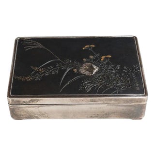 Antique Japanese Silver Trinket Box, Floral Mixed-Metal Lid For Sale