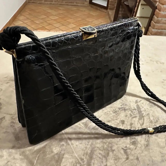 1970s High Quality Black Leather and Rope Italian Cross Body Bag For Sale - Image 11 of 13