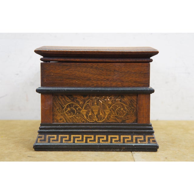 Wood Antique Victorian Oak Grand Tour Box Neoclassical Inlay Greek Key Vanity Drawer For Sale - Image 7 of 16