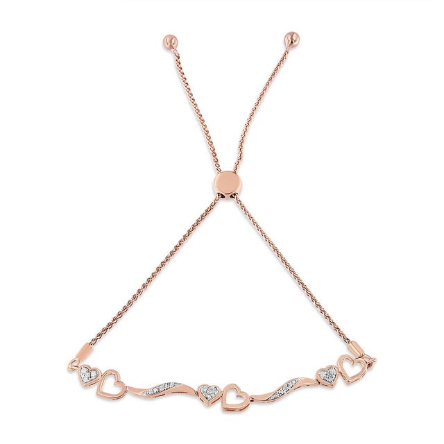 Contemporary 14K Rose Gold Plated .925 Sterling Silver 1/10 Cttw Diamond Wave and Hearts Adjustable Bolo Bracelet (I-J Color, I3 Clarity) For Sale - Image 3 of 6