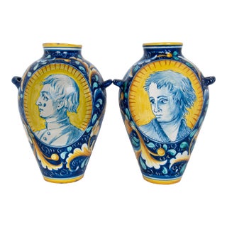 Pair Antique 18thC Italian Majolica Pottery Portrait Vases Apothecary Jars 1700 For Sale
