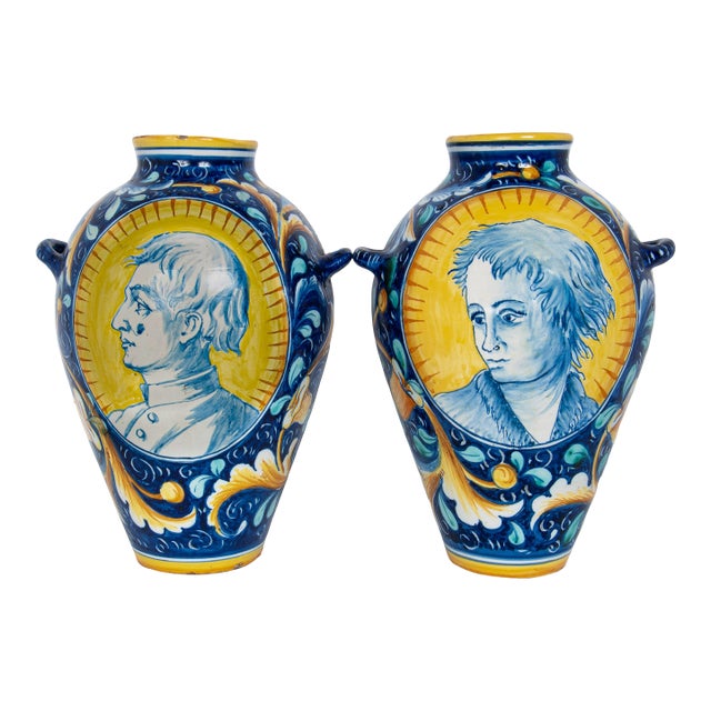 Pair Antique 18thC Italian Majolica Pottery Portrait Vases Apothecary Jars 1700 For Sale