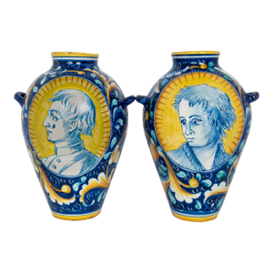 Pair Antique 18thC Italian Majolica Pottery Portrait Vases Apothecary Jars 1700