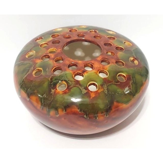 Late 20th Century Flo Westfall Ceramic Drip Glaze Vase Flower Frog Arrangement Green Brown For Sale - Image 4 of 8