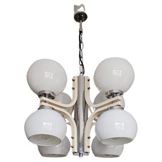 Space Age Eight-Light Chandelier with While Glass Shades, 1970s For Sale