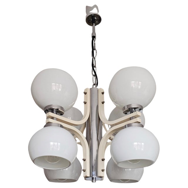 Space Age Eight-Light Chandelier with While Glass Shades, 1970s For Sale