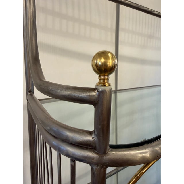 Baker's Rack Art Deco Brushed Steel + Brass For Sale - Image 11 of 12