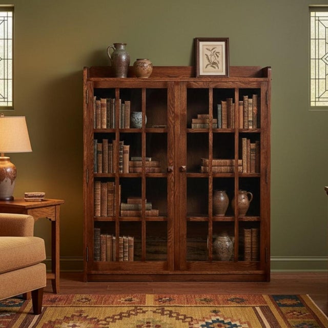 Mission Oak 2 Door Bookcase With Glass Doors - Walnut For Sale - Image 11 of 13