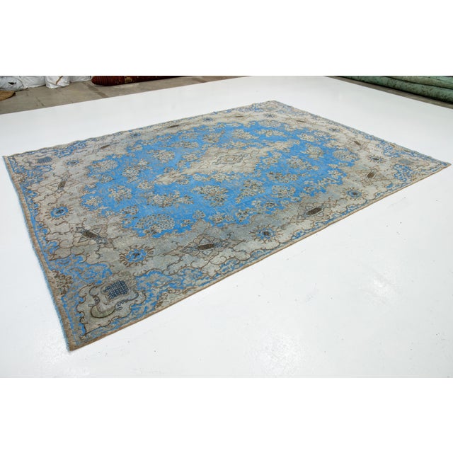 Persian Light Blue Floral Antique Persian Overdyed Wool Rug With Medallion Motif For Sale - Image 3 of 10