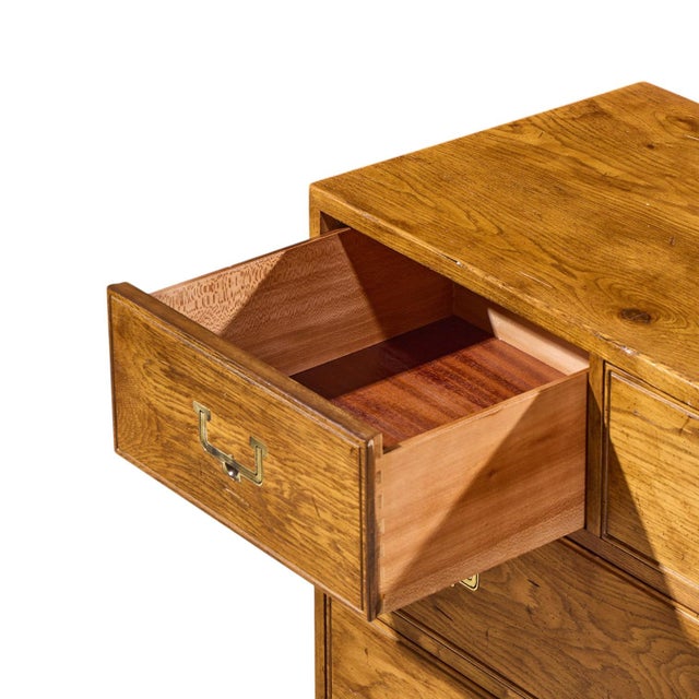 Henredon Campaign Mid Century Oak and Brass Lowboy Dresser For Sale In Chicago - Image 6 of 11