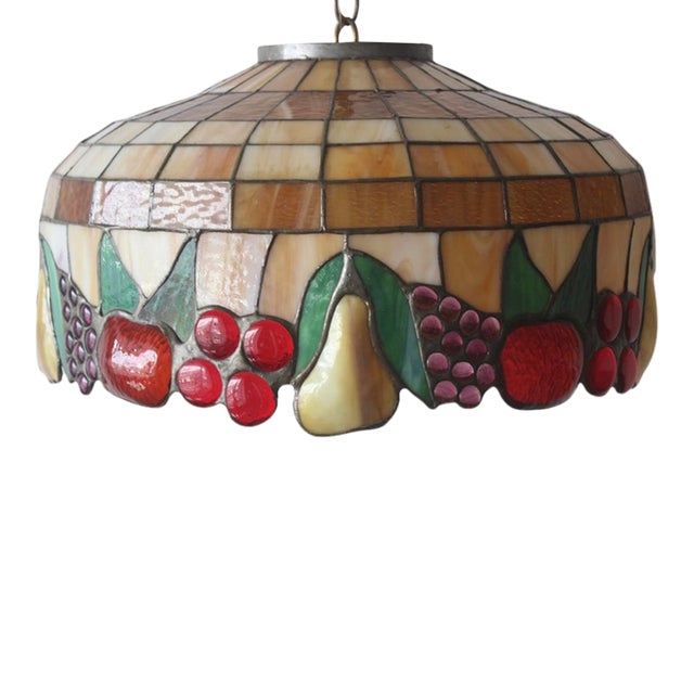 1970s Tiffany-Style Stained Glass Fruit Leaf Motif Pendant Hanging Light Fixture For Sale