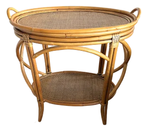 Vintage McGuire Style Bentwood Rattan Bamboo Serving Table / Bar Cart With Removable Tray