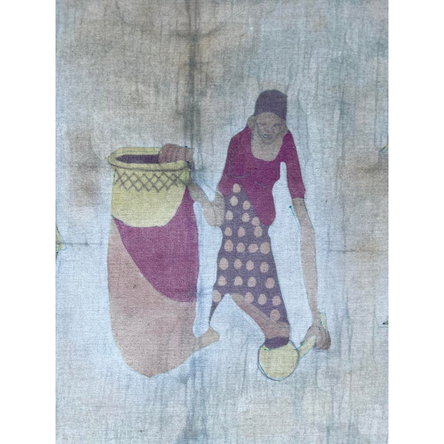 1960s Midcentury Daily Life Scene Painting on Textile/Signed For Sale - Image 5 of 9
