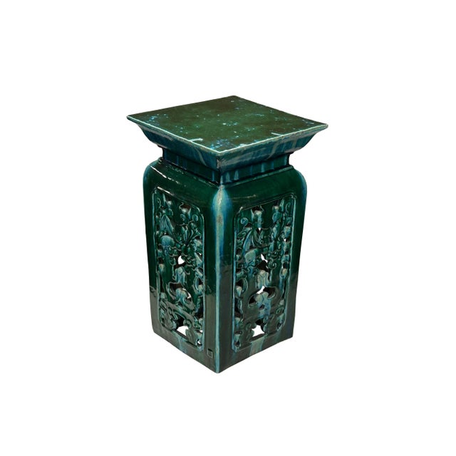 Ceramic Ceramic Clay Green Square Tall Pedestal Table Bats Dragons Stand For Sale - Image 7 of 11