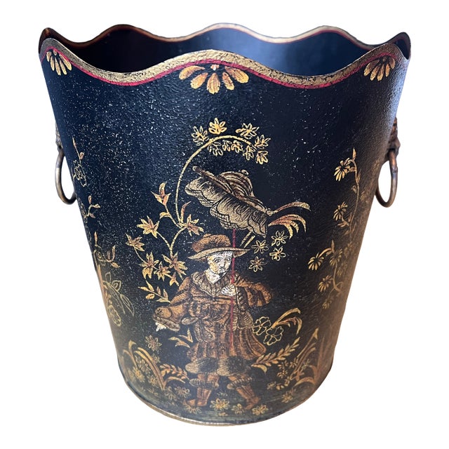 Mid 20th Century Italian Tole Chinoiserie Wastebasket Cache Pot With Lions Head Detail and Scalloped Edge Hand Painted For Sale