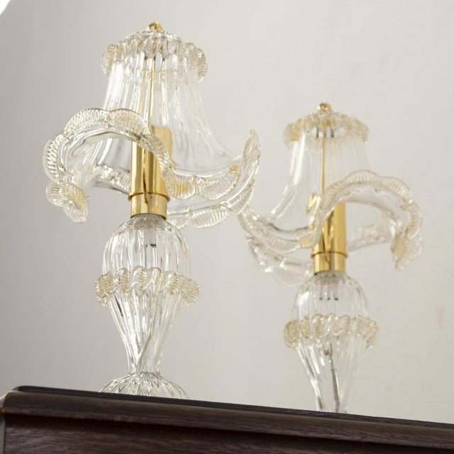 Murano Glass Table Lamps in Crystal Color Line Straight & Gold Leaf, Italy, 2000s, Set of 2 For Sale - Image 3 of 17