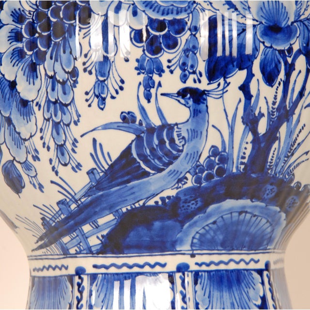 Royal Delft Blue and White Baluster Vase Chinoiserie Flowers Birds Octagonal Base For Sale - Image 9 of 13