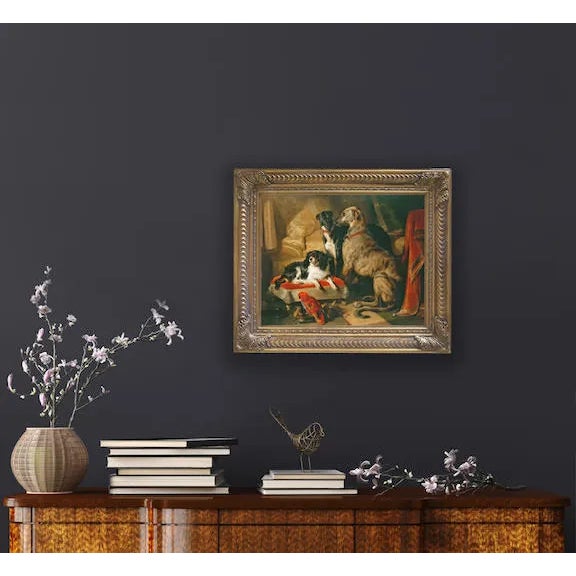 DESCRIPTION Accurately reproduced from the original work, this antiqued print reproduction of “Dogs with Parrot” by Sir...