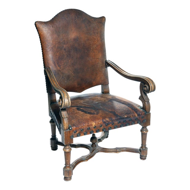 Antique Gentlemans Occasional European Leather Chair For Sale
