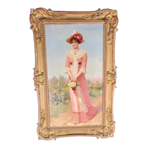 Maiden in the Flower Garden Antique Victorian Painting