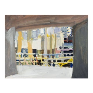 Mid Century Abstract Gray & Yellow Cityscape View Painting For Sale