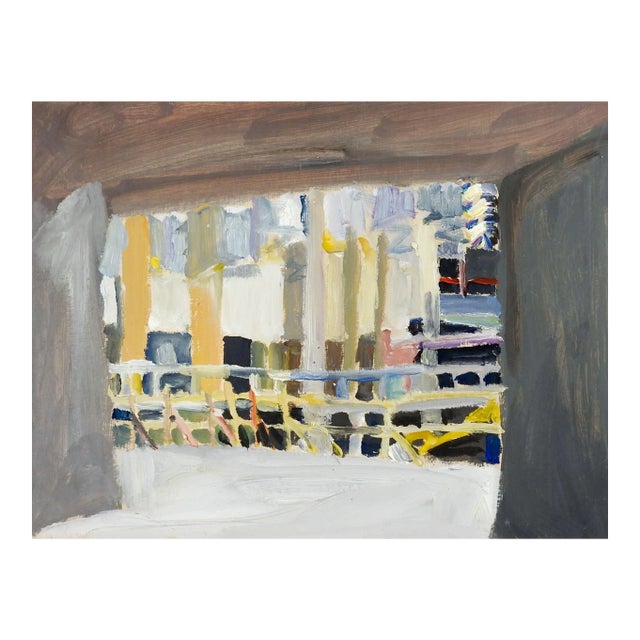 Mid Century Abstract Gray & Yellow Cityscape View Painting For Sale