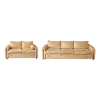 Vintage Rowe “First in Fashion” Champagne Velvet Sofa + Loveseat Set With Sculptural Chrome Arm Details For Sale