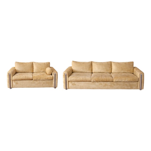 Vintage Rowe “First in Fashion” Champagne Velvet Sofa + Loveseat Set With Sculptural Chrome Arm Details For Sale