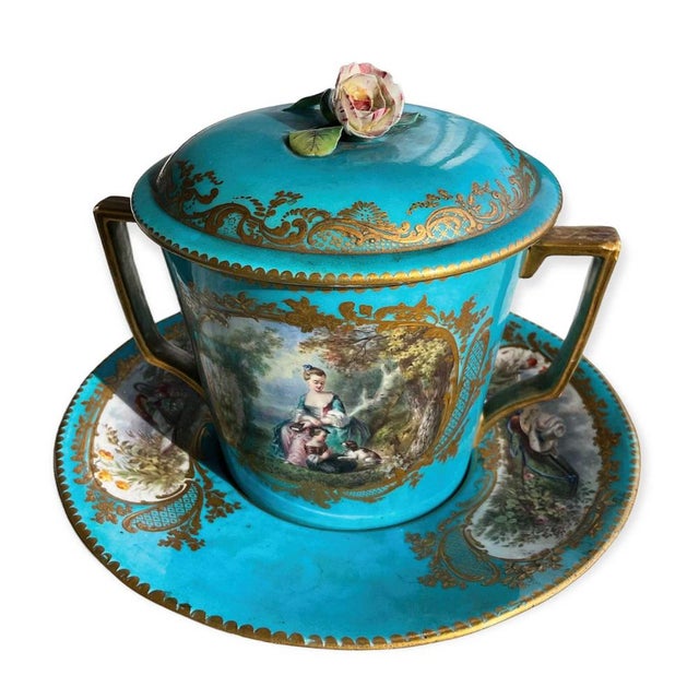 Large Covered Cup and Deep Saucer in Sevres Porcelain, 19th Century, Set of 3 For Sale - Image 14 of 14