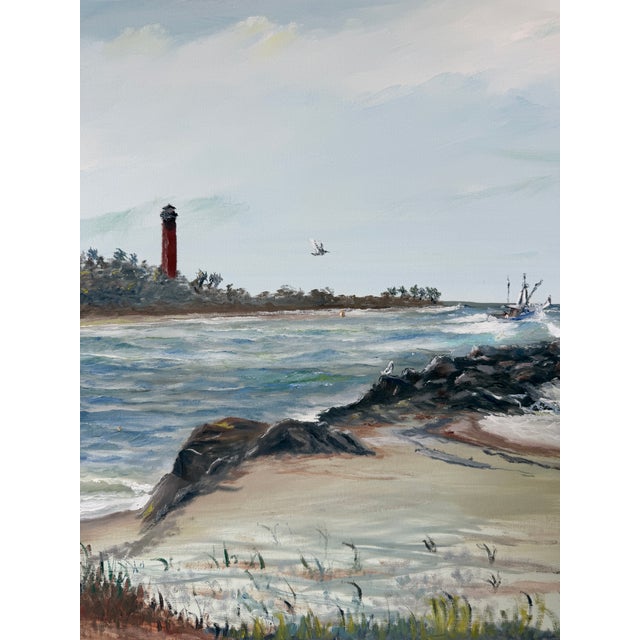 Vintage Cosman Coastal Lighthouse Impressionist Oil Painting on Masonite Board – Framed For Sale - Image 14 of 18