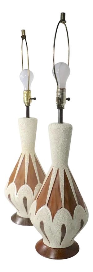 Mid 20th Century Ceramic and Wood Veneer Table Lamps - a Pair