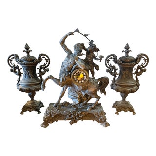 Napoleon III Three-Piece Mantelpiece Set in Spelter with Bronze Patina, 1870, Set of 3 For Sale