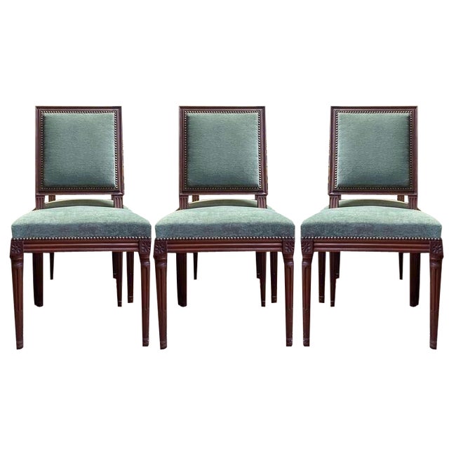 Louis Xvi Style Green Velvet Chairs, Set of 6 For Sale