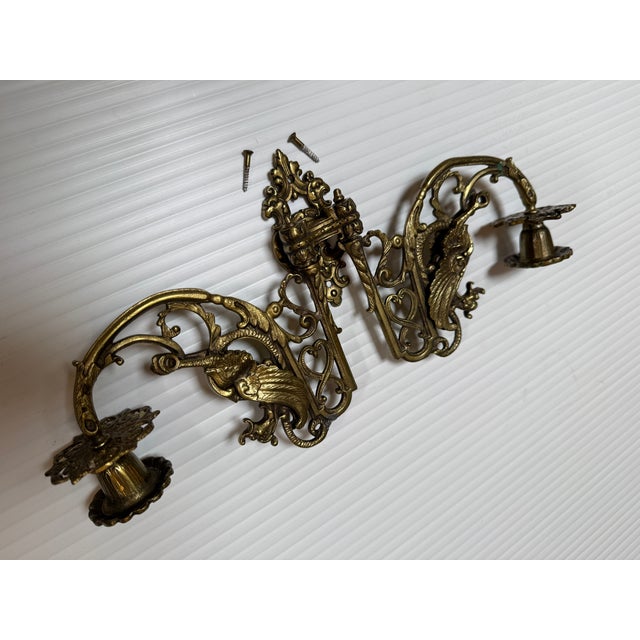 Art Nouveau Antique Ornate Brass Double Arm Piano Sconce For Sale - Image 3 of 12