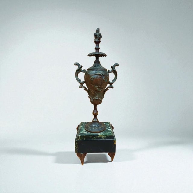 Antique French Louis XV Revival Bronze Baluster Vase Urn on Verde Antico Marble Base, 19th Century For Sale - Image 5 of 7