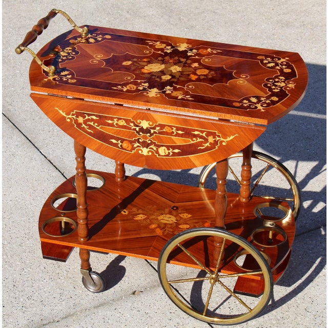 Italian Italian Tea Cart - Mid-Century Sorrento-Style Marquetry Inlaid Wood & Brass Rolling Bar Cart - Made in Italy For Sale - Image 3 of 18