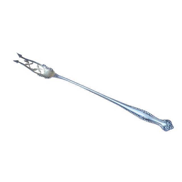 English Antique Towle Sterling Silver Long Canterbury Olive Pickle Serving Fork For Sale - Image 3 of 10